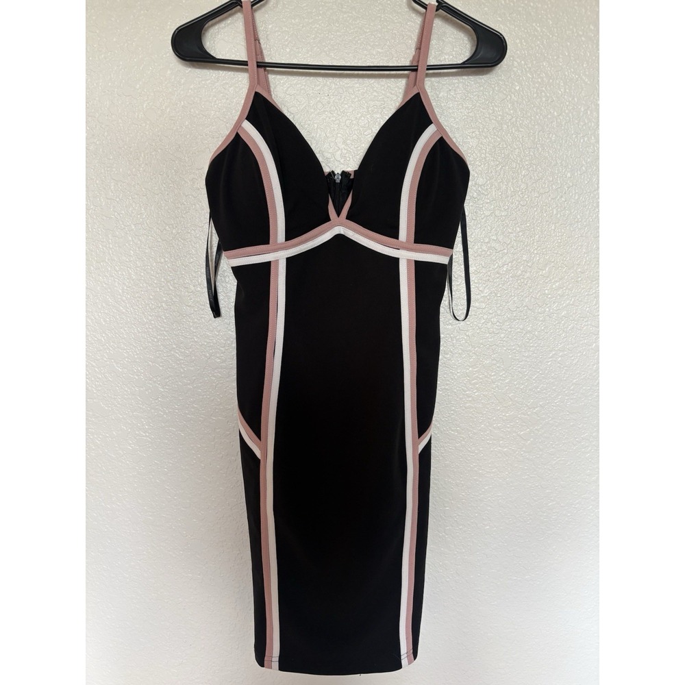Papaya Black Pink Colorblock V-Neck Spaghetti Strap Bodycon Knee Dress M